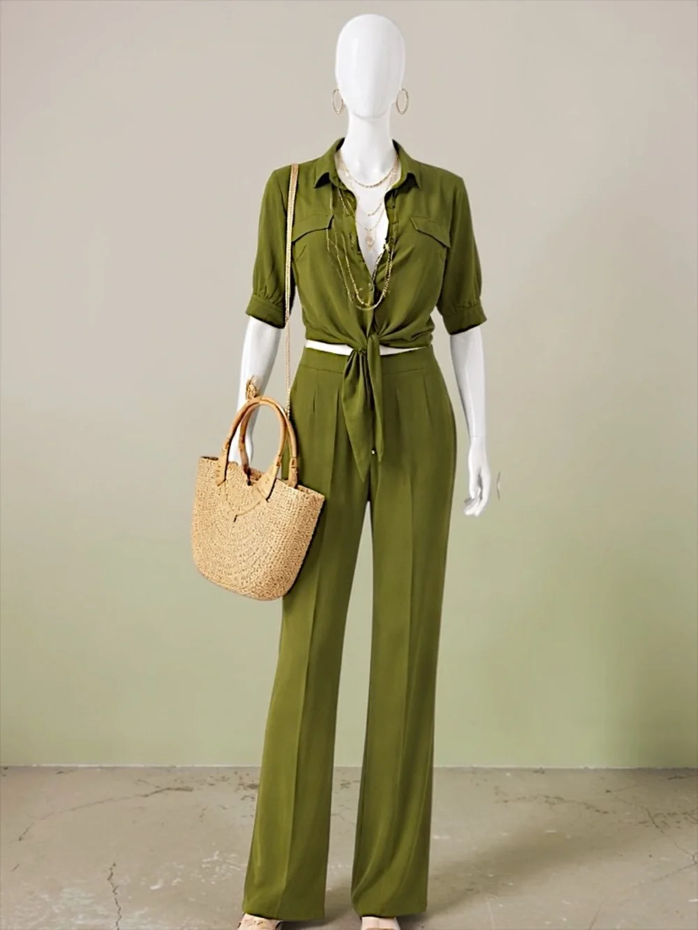 Women's Olive Green Tie-Front Jumpsuit